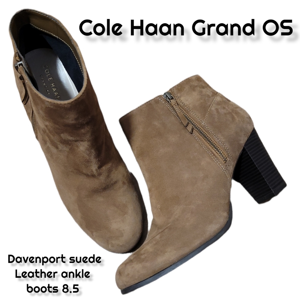 Cole Haan Grand OS Davenport Chestnut Brown Suede Stacked Heel ankle Boot 8.5